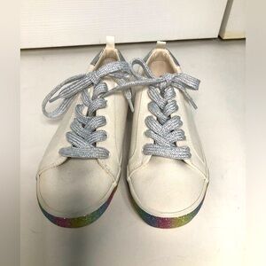 Gap kids cream canvas shoes rainbow sparkly‎ trim & silver laces size 4 sneakers